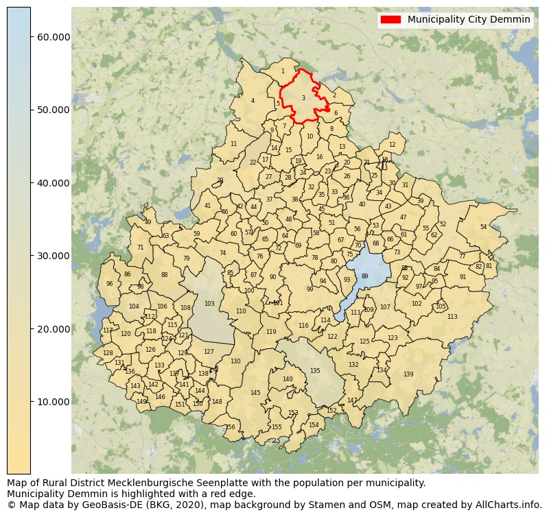 Map of Rural district Mecklenburgische Seenplatte with the population per municipality.Municipality Demmin is highlighted with a red edge.. This page shows a lot of information about residents (such as the distribution by age groups, family composition, gender, native or German with an immigration background, ...), homes (numbers, types, price development, use, type of property, ...) and more (car ownership, energy consumption, ...) based on open data from the German Federal Agency for Cartography, the Federal Statistical Office (DESTATIS), the Regional Statistical Offices and various other sources!