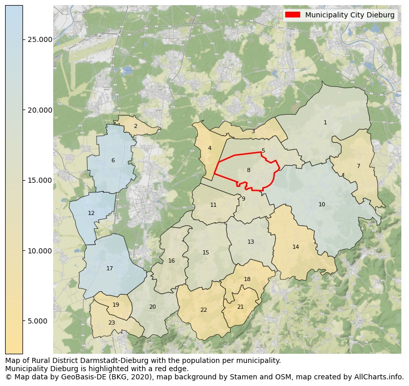 Map of Rural district Darmstadt-Dieburg with the population per municipality.Municipality Dieburg is highlighted with a red edge.. This page shows a lot of information about residents (such as the distribution by age groups, family composition, gender, native or German with an immigration background, ...), homes (numbers, types, price development, use, type of property, ...) and more (car ownership, energy consumption, ...) based on open data from the German Federal Agency for Cartography, the Federal Statistical Office (DESTATIS), the Regional Statistical Offices and various other sources!