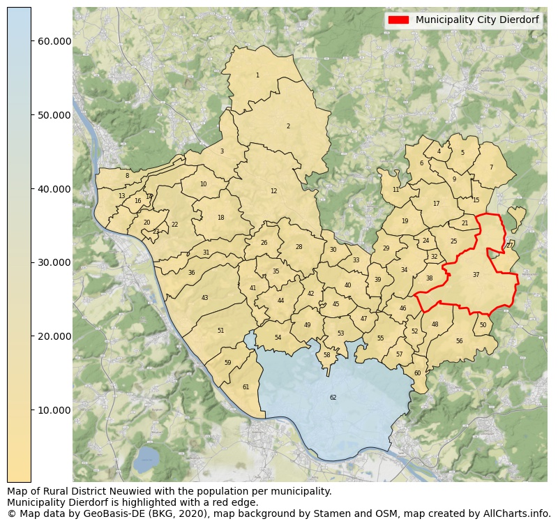 Map of Rural district Neuwied with the population per municipality.Municipality Dierdorf is highlighted with a red edge.. This page shows a lot of information about residents (such as the distribution by age groups, family composition, gender, native or German with an immigration background, ...), homes (numbers, types, price development, use, type of property, ...) and more (car ownership, energy consumption, ...) based on open data from the German Federal Agency for Cartography, the Federal Statistical Office (DESTATIS), the Regional Statistical Offices and various other sources!