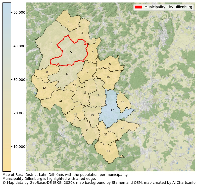 Map of Rural district Lahn-Dill-Kreis with the population per municipality.Municipality Dillenburg is highlighted with a red edge.. This page shows a lot of information about residents (such as the distribution by age groups, family composition, gender, native or German with an immigration background, ...), homes (numbers, types, price development, use, type of property, ...) and more (car ownership, energy consumption, ...) based on open data from the German Federal Agency for Cartography, the Federal Statistical Office (DESTATIS), the Regional Statistical Offices and various other sources!