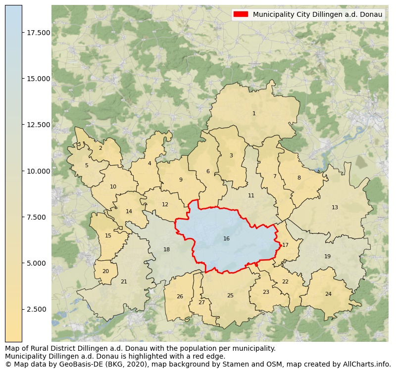 Map of Rural district Dillingen a.d. Donau with the population per municipality.Municipality Dillingen a.d. Donau is highlighted with a red edge.. This page shows a lot of information about residents (such as the distribution by age groups, family composition, gender, native or German with an immigration background, ...), homes (numbers, types, price development, use, type of property, ...) and more (car ownership, energy consumption, ...) based on open data from the German Federal Agency for Cartography, the Federal Statistical Office (DESTATIS), the Regional Statistical Offices and various other sources!
