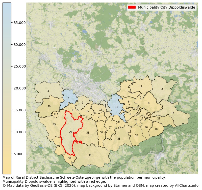 Map of Rural district Sächsische Schweiz-Osterzgebirge with the population per municipality.Municipality Dippoldiswalde is highlighted with a red edge.. This page shows a lot of information about residents (such as the distribution by age groups, family composition, gender, native or German with an immigration background, ...), homes (numbers, types, price development, use, type of property, ...) and more (car ownership, energy consumption, ...) based on open data from the German Federal Agency for Cartography, the Federal Statistical Office (DESTATIS), the Regional Statistical Offices and various other sources!