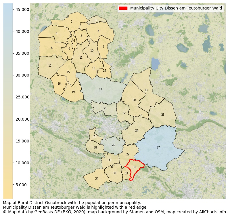 Map of Rural district Osnabrück with the population per municipality.Municipality Dissen am Teutoburger Wald is highlighted with a red edge.. This page shows a lot of information about residents (such as the distribution by age groups, family composition, gender, native or German with an immigration background, ...), homes (numbers, types, price development, use, type of property, ...) and more (car ownership, energy consumption, ...) based on open data from the German Federal Agency for Cartography, the Federal Statistical Office (DESTATIS), the Regional Statistical Offices and various other sources!
