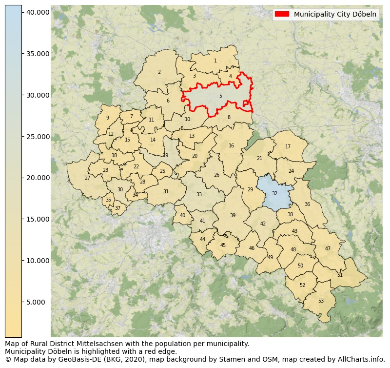 Map of Rural district Mittelsachsen with the population per municipality.Municipality Döbeln is highlighted with a red edge.. This page shows a lot of information about residents (such as the distribution by age groups, family composition, gender, native or German with an immigration background, ...), homes (numbers, types, price development, use, type of property, ...) and more (car ownership, energy consumption, ...) based on open data from the German Federal Agency for Cartography, the Federal Statistical Office (DESTATIS), the Regional Statistical Offices and various other sources!