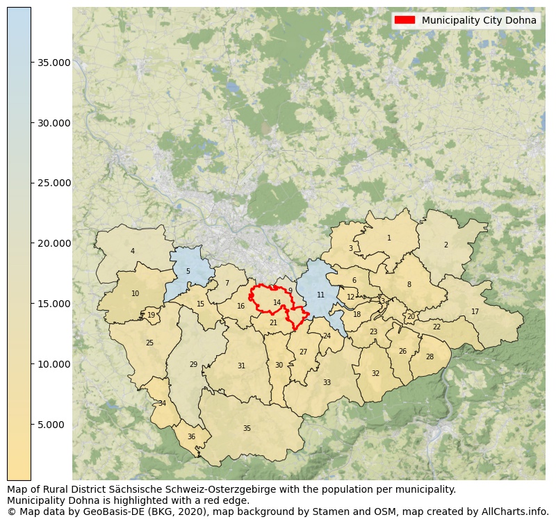 Map of Rural district Sächsische Schweiz-Osterzgebirge with the population per municipality.Municipality Dohna is highlighted with a red edge.. This page shows a lot of information about residents (such as the distribution by age groups, family composition, gender, native or German with an immigration background, ...), homes (numbers, types, price development, use, type of property, ...) and more (car ownership, energy consumption, ...) based on open data from the German Federal Agency for Cartography, the Federal Statistical Office (DESTATIS), the Regional Statistical Offices and various other sources!