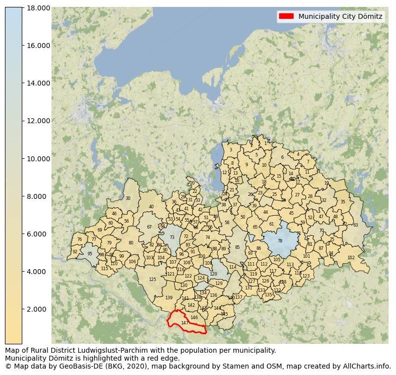 Map of Rural district Ludwigslust-Parchim with the population per municipality.Municipality Dömitz is highlighted with a red edge.. This page shows a lot of information about residents (such as the distribution by age groups, family composition, gender, native or German with an immigration background, ...), homes (numbers, types, price development, use, type of property, ...) and more (car ownership, energy consumption, ...) based on open data from the German Federal Agency for Cartography, the Federal Statistical Office (DESTATIS), the Regional Statistical Offices and various other sources!