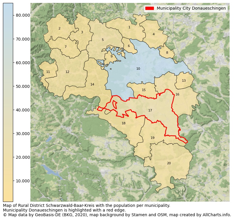 Map of Rural district Schwarzwald-Baar-Kreis with the population per municipality.Municipality Donaueschingen is highlighted with a red edge.. This page shows a lot of information about residents (such as the distribution by age groups, family composition, gender, native or German with an immigration background, ...), homes (numbers, types, price development, use, type of property, ...) and more (car ownership, energy consumption, ...) based on open data from the German Federal Agency for Cartography, the Federal Statistical Office (DESTATIS), the Regional Statistical Offices and various other sources!