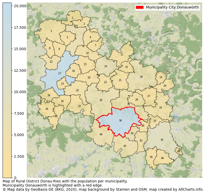 Map of Rural district Donau-Ries with the population per municipality.Municipality Donauwörth is highlighted with a red edge.. This page shows a lot of information about residents (such as the distribution by age groups, family composition, gender, native or German with an immigration background, ...), homes (numbers, types, price development, use, type of property, ...) and more (car ownership, energy consumption, ...) based on open data from the German Federal Agency for Cartography, the Federal Statistical Office (DESTATIS), the Regional Statistical Offices and various other sources!