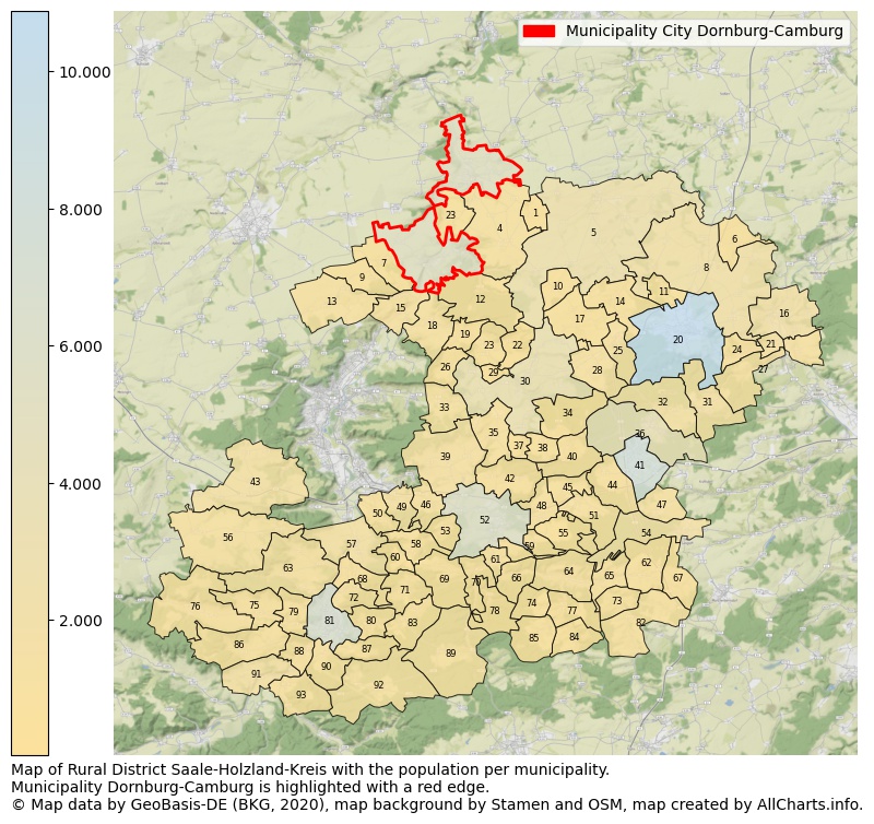 Map of Rural district Saale-Holzland-Kreis with the population per municipality.Municipality Dornburg-Camburg is highlighted with a red edge.. This page shows a lot of information about residents (such as the distribution by age groups, family composition, gender, native or German with an immigration background, ...), homes (numbers, types, price development, use, type of property, ...) and more (car ownership, energy consumption, ...) based on open data from the German Federal Agency for Cartography, the Federal Statistical Office (DESTATIS), the Regional Statistical Offices and various other sources!