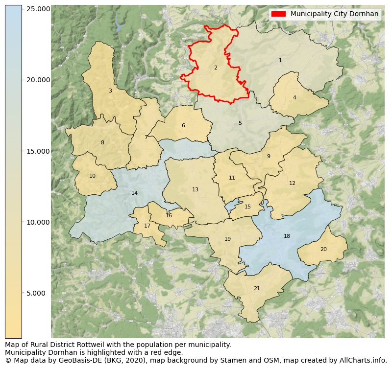 Map of Rural district Rottweil with the population per municipality.Municipality Dornhan is highlighted with a red edge.. This page shows a lot of information about residents (such as the distribution by age groups, family composition, gender, native or German with an immigration background, ...), homes (numbers, types, price development, use, type of property, ...) and more (car ownership, energy consumption, ...) based on open data from the German Federal Agency for Cartography, the Federal Statistical Office (DESTATIS), the Regional Statistical Offices and various other sources!