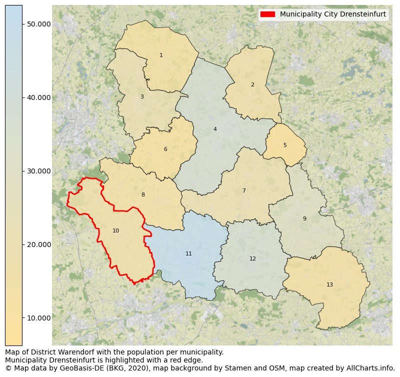Map of District Warendorf with the population per municipality.Municipality Drensteinfurt is highlighted with a red edge.. This page shows a lot of information about residents (such as the distribution by age groups, family composition, gender, native or German with an immigration background, ...), homes (numbers, types, price development, use, type of property, ...) and more (car ownership, energy consumption, ...) based on open data from the German Federal Agency for Cartography, the Federal Statistical Office (DESTATIS), the Regional Statistical Offices and various other sources!