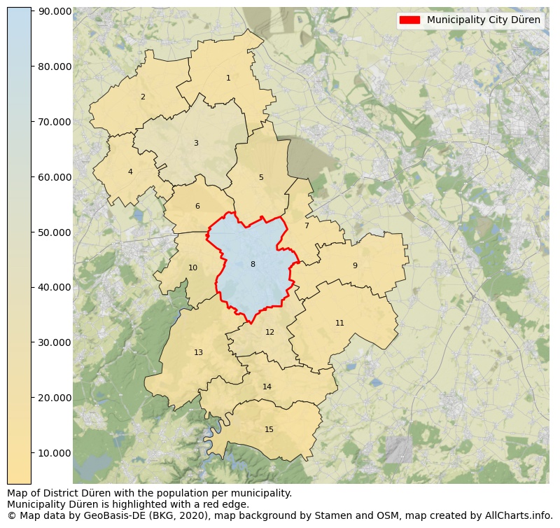 Map of District Düren with the population per municipality.Municipality Düren is highlighted with a red edge.. This page shows a lot of information about residents (such as the distribution by age groups, family composition, gender, native or German with an immigration background, ...), homes (numbers, types, price development, use, type of property, ...) and more (car ownership, energy consumption, ...) based on open data from the German Federal Agency for Cartography, the Federal Statistical Office (DESTATIS), the Regional Statistical Offices and various other sources!