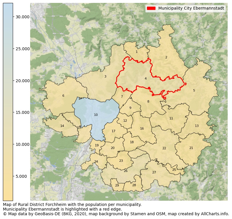 Map of Rural district Forchheim with the population per municipality.Municipality Ebermannstadt is highlighted with a red edge.. This page shows a lot of information about residents (such as the distribution by age groups, family composition, gender, native or German with an immigration background, ...), homes (numbers, types, price development, use, type of property, ...) and more (car ownership, energy consumption, ...) based on open data from the German Federal Agency for Cartography, the Federal Statistical Office (DESTATIS), the Regional Statistical Offices and various other sources!
