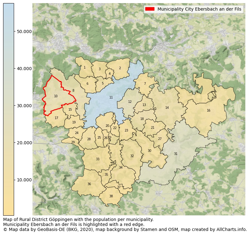 Map of Rural district Göppingen with the population per municipality.Municipality Ebersbach an der Fils is highlighted with a red edge.. This page shows a lot of information about residents (such as the distribution by age groups, family composition, gender, native or German with an immigration background, ...), homes (numbers, types, price development, use, type of property, ...) and more (car ownership, energy consumption, ...) based on open data from the German Federal Agency for Cartography, the Federal Statistical Office (DESTATIS), the Regional Statistical Offices and various other sources!