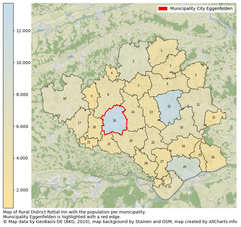 Map of Rural district Rottal-Inn with the population per municipality.Municipality Eggenfelden is highlighted with a red edge.. This page shows a lot of information about residents (such as the distribution by age groups, family composition, gender, native or German with an immigration background, ...), homes (numbers, types, price development, use, type of property, ...) and more (car ownership, energy consumption, ...) based on open data from the German Federal Agency for Cartography, the Federal Statistical Office (DESTATIS), the Regional Statistical Offices and various other sources!