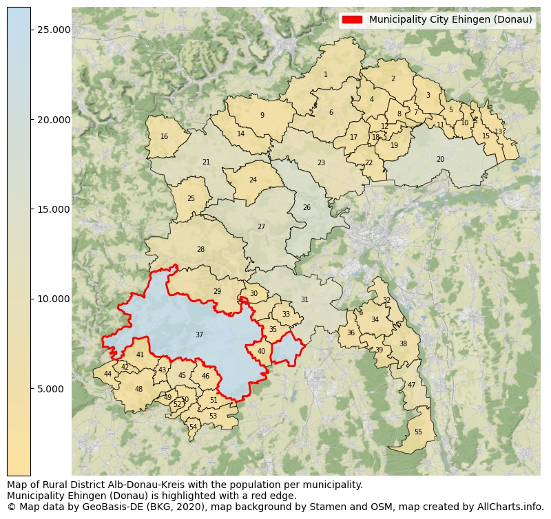 Map of Rural district Alb-Donau-Kreis with the population per municipality.Municipality Ehingen (Donau) is highlighted with a red edge.. This page shows a lot of information about residents (such as the distribution by age groups, family composition, gender, native or German with an immigration background, ...), homes (numbers, types, price development, use, type of property, ...) and more (car ownership, energy consumption, ...) based on open data from the German Federal Agency for Cartography, the Federal Statistical Office (DESTATIS), the Regional Statistical Offices and various other sources!
