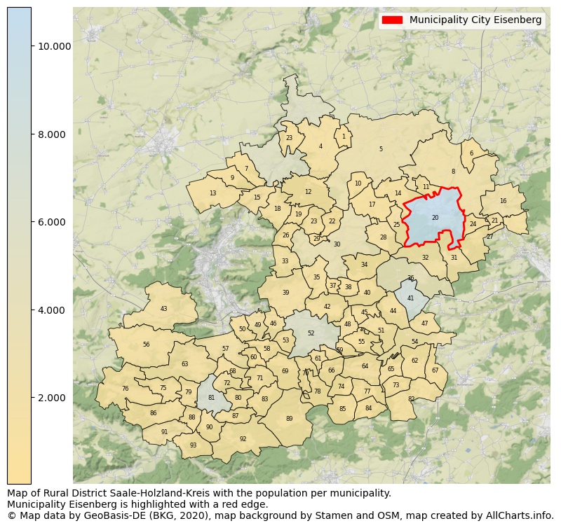 Map of Rural district Saale-Holzland-Kreis with the population per municipality.Municipality Eisenberg is highlighted with a red edge.. This page shows a lot of information about residents (such as the distribution by age groups, family composition, gender, native or German with an immigration background, ...), homes (numbers, types, price development, use, type of property, ...) and more (car ownership, energy consumption, ...) based on open data from the German Federal Agency for Cartography, the Federal Statistical Office (DESTATIS), the Regional Statistical Offices and various other sources!