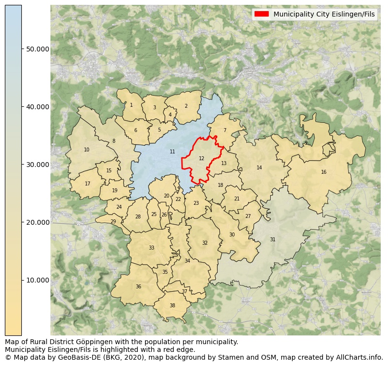 Map of Rural district Göppingen with the population per municipality.Municipality Eislingen/Fils is highlighted with a red edge.. This page shows a lot of information about residents (such as the distribution by age groups, family composition, gender, native or German with an immigration background, ...), homes (numbers, types, price development, use, type of property, ...) and more (car ownership, energy consumption, ...) based on open data from the German Federal Agency for Cartography, the Federal Statistical Office (DESTATIS), the Regional Statistical Offices and various other sources!