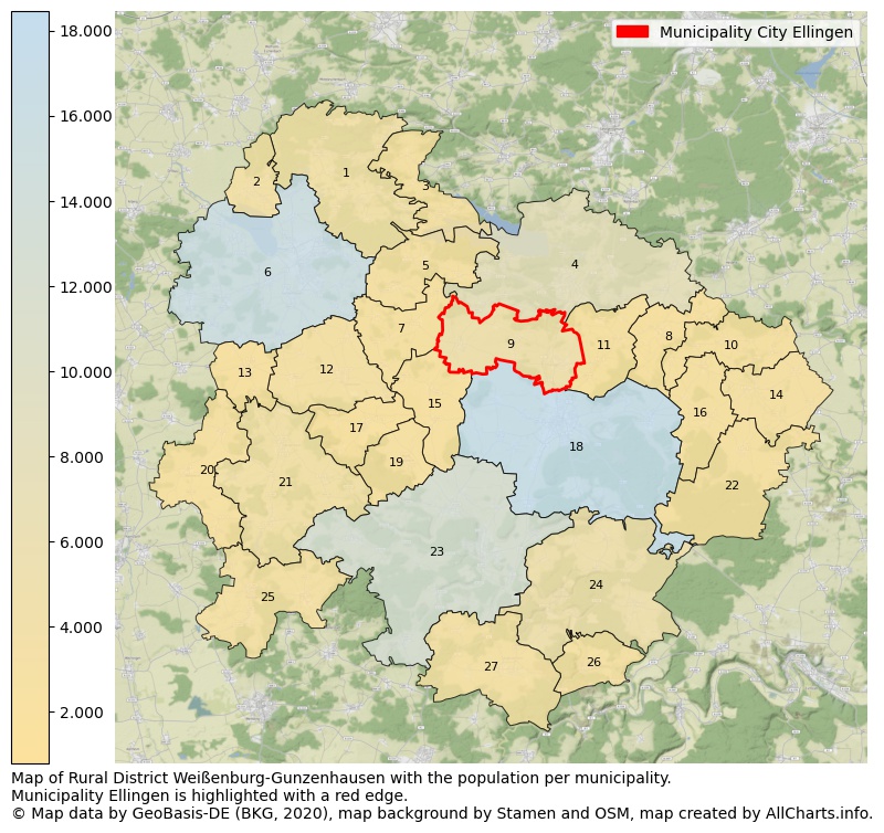 Map of Rural district Weißenburg-Gunzenhausen with the population per municipality.Municipality Ellingen is highlighted with a red edge.. This page shows a lot of information about residents (such as the distribution by age groups, family composition, gender, native or German with an immigration background, ...), homes (numbers, types, price development, use, type of property, ...) and more (car ownership, energy consumption, ...) based on open data from the German Federal Agency for Cartography, the Federal Statistical Office (DESTATIS), the Regional Statistical Offices and various other sources!