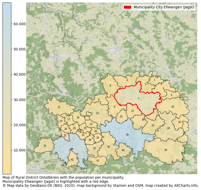 Map of Rural district Ostalbkreis with the population per municipality.Municipality Ellwangen (Jagst) is highlighted with a red edge.. This page shows a lot of information about residents (such as the distribution by age groups, family composition, gender, native or German with an immigration background, ...), homes (numbers, types, price development, use, type of property, ...) and more (car ownership, energy consumption, ...) based on open data from the German Federal Agency for Cartography, the Federal Statistical Office (DESTATIS), the Regional Statistical Offices and various other sources!