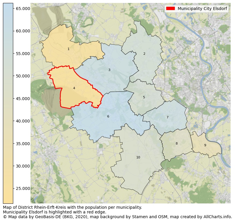 Map of District Rhein-Erft-Kreis with the population per municipality.Municipality Elsdorf is highlighted with a red edge.. This page shows a lot of information about residents (such as the distribution by age groups, family composition, gender, native or German with an immigration background, ...), homes (numbers, types, price development, use, type of property, ...) and more (car ownership, energy consumption, ...) based on open data from the German Federal Agency for Cartography, the Federal Statistical Office (DESTATIS), the Regional Statistical Offices and various other sources!