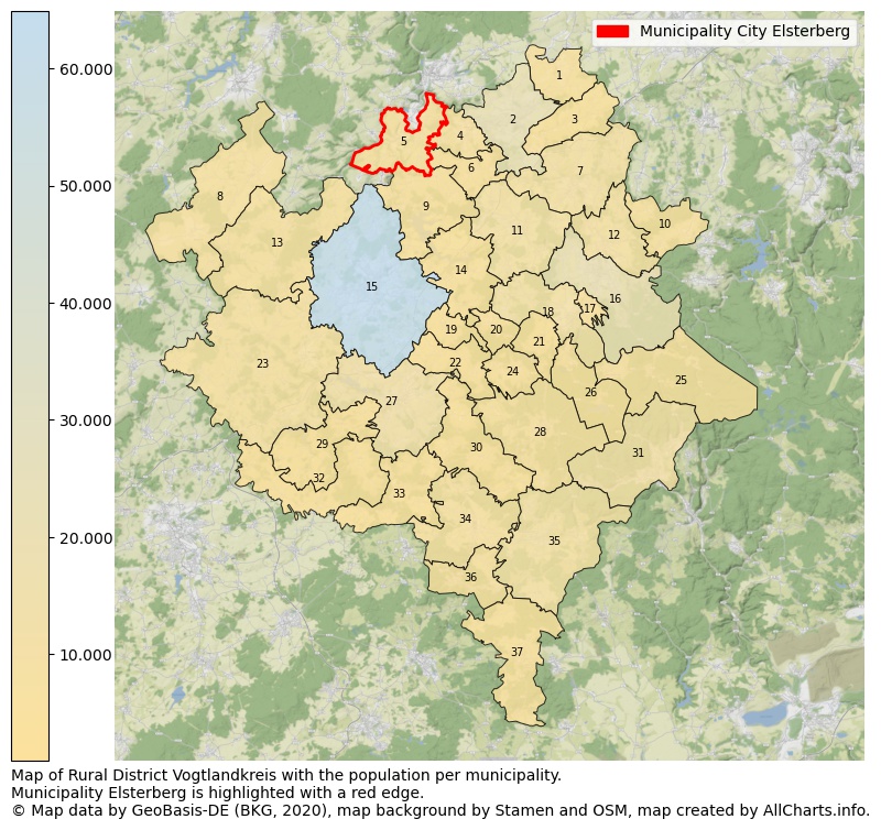 Map of Rural district Vogtlandkreis with the population per municipality.Municipality Elsterberg is highlighted with a red edge.. This page shows a lot of information about residents (such as the distribution by age groups, family composition, gender, native or German with an immigration background, ...), homes (numbers, types, price development, use, type of property, ...) and more (car ownership, energy consumption, ...) based on open data from the German Federal Agency for Cartography, the Federal Statistical Office (DESTATIS), the Regional Statistical Offices and various other sources!