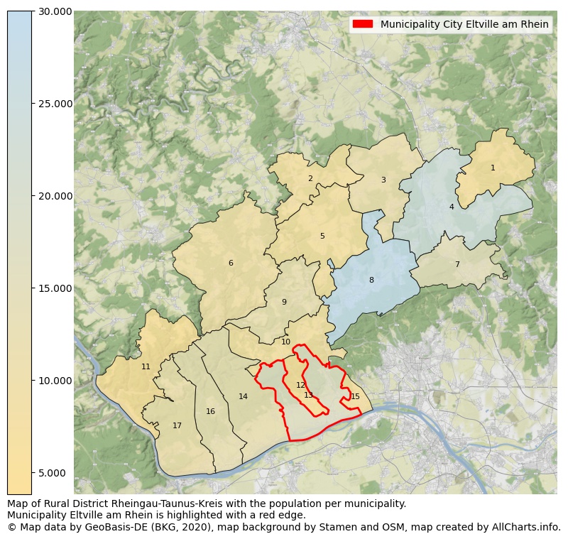 Map of Rural district Rheingau-Taunus-Kreis with the population per municipality.Municipality Eltville am Rhein is highlighted with a red edge.. This page shows a lot of information about residents (such as the distribution by age groups, family composition, gender, native or German with an immigration background, ...), homes (numbers, types, price development, use, type of property, ...) and more (car ownership, energy consumption, ...) based on open data from the German Federal Agency for Cartography, the Federal Statistical Office (DESTATIS), the Regional Statistical Offices and various other sources!
