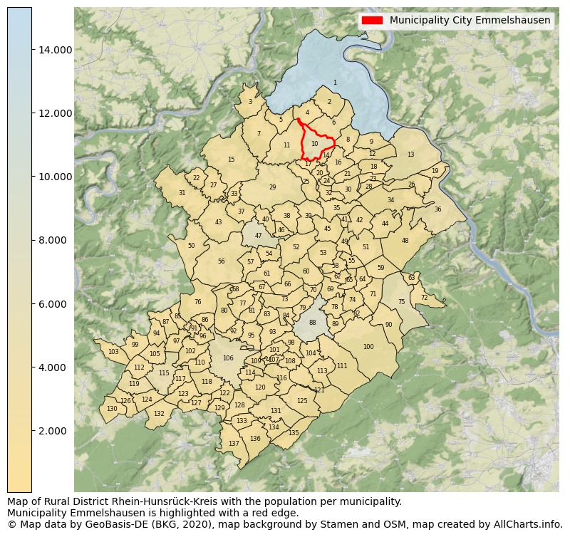 Map of Rural district Rhein-Hunsrück-Kreis with the population per municipality.Municipality Emmelshausen is highlighted with a red edge.. This page shows a lot of information about residents (such as the distribution by age groups, family composition, gender, native or German with an immigration background, ...), homes (numbers, types, price development, use, type of property, ...) and more (car ownership, energy consumption, ...) based on open data from the German Federal Agency for Cartography, the Federal Statistical Office (DESTATIS), the Regional Statistical Offices and various other sources!