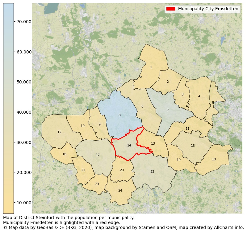 Map of District Steinfurt with the population per municipality.Municipality Emsdetten is highlighted with a red edge.. This page shows a lot of information about residents (such as the distribution by age groups, family composition, gender, native or German with an immigration background, ...), homes (numbers, types, price development, use, type of property, ...) and more (car ownership, energy consumption, ...) based on open data from the German Federal Agency for Cartography, the Federal Statistical Office (DESTATIS), the Regional Statistical Offices and various other sources!