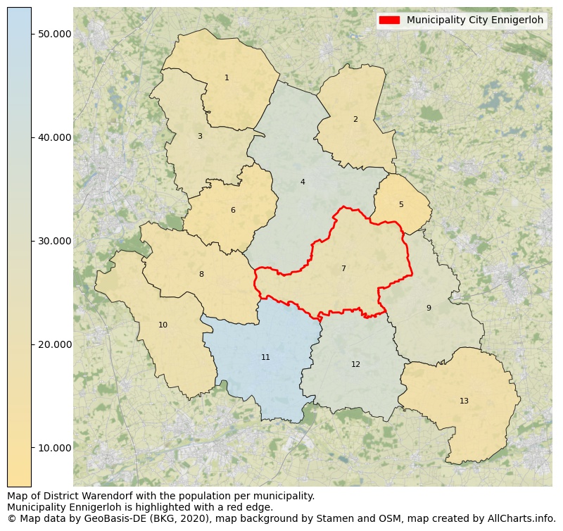 Map of District Warendorf with the population per municipality.Municipality Ennigerloh is highlighted with a red edge.. This page shows a lot of information about residents (such as the distribution by age groups, family composition, gender, native or German with an immigration background, ...), homes (numbers, types, price development, use, type of property, ...) and more (car ownership, energy consumption, ...) based on open data from the German Federal Agency for Cartography, the Federal Statistical Office (DESTATIS), the Regional Statistical Offices and various other sources!