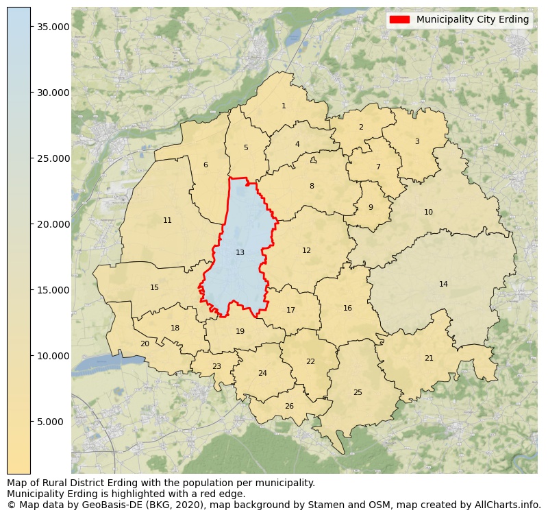 Map of Rural district Erding with the population per municipality.Municipality Erding is highlighted with a red edge.. This page shows a lot of information about residents (such as the distribution by age groups, family composition, gender, native or German with an immigration background, ...), homes (numbers, types, price development, use, type of property, ...) and more (car ownership, energy consumption, ...) based on open data from the German Federal Agency for Cartography, the Federal Statistical Office (DESTATIS), the Regional Statistical Offices and various other sources!