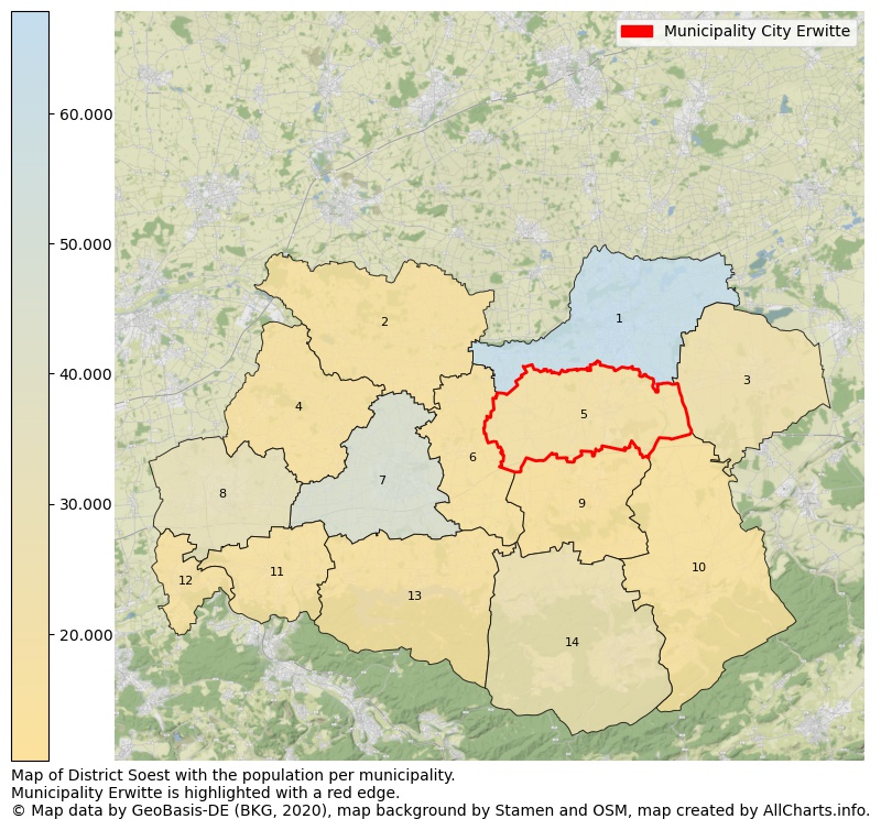 Map of District Soest with the population per municipality.Municipality Erwitte is highlighted with a red edge.. This page shows a lot of information about residents (such as the distribution by age groups, family composition, gender, native or German with an immigration background, ...), homes (numbers, types, price development, use, type of property, ...) and more (car ownership, energy consumption, ...) based on open data from the German Federal Agency for Cartography, the Federal Statistical Office (DESTATIS), the Regional Statistical Offices and various other sources!
