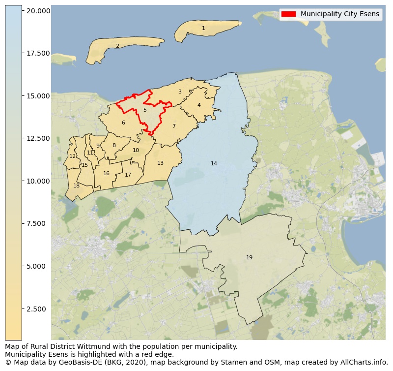 Map of Rural district Wittmund with the population per municipality.Municipality Esens is highlighted with a red edge.. This page shows a lot of information about residents (such as the distribution by age groups, family composition, gender, native or German with an immigration background, ...), homes (numbers, types, price development, use, type of property, ...) and more (car ownership, energy consumption, ...) based on open data from the German Federal Agency for Cartography, the Federal Statistical Office (DESTATIS), the Regional Statistical Offices and various other sources!