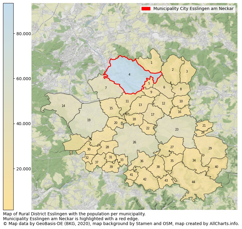 Map of Rural district Esslingen with the population per municipality.Municipality Esslingen am Neckar is highlighted with a red edge.. This page shows a lot of information about residents (such as the distribution by age groups, family composition, gender, native or German with an immigration background, ...), homes (numbers, types, price development, use, type of property, ...) and more (car ownership, energy consumption, ...) based on open data from the German Federal Agency for Cartography, the Federal Statistical Office (DESTATIS), the Regional Statistical Offices and various other sources!