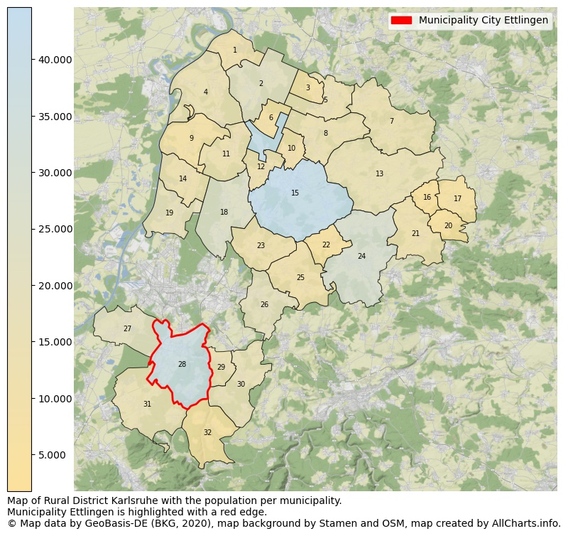 Map of Rural district Karlsruhe with the population per municipality.Municipality Ettlingen is highlighted with a red edge.. This page shows a lot of information about residents (such as the distribution by age groups, family composition, gender, native or German with an immigration background, ...), homes (numbers, types, price development, use, type of property, ...) and more (car ownership, energy consumption, ...) based on open data from the German Federal Agency for Cartography, the Federal Statistical Office (DESTATIS), the Regional Statistical Offices and various other sources!