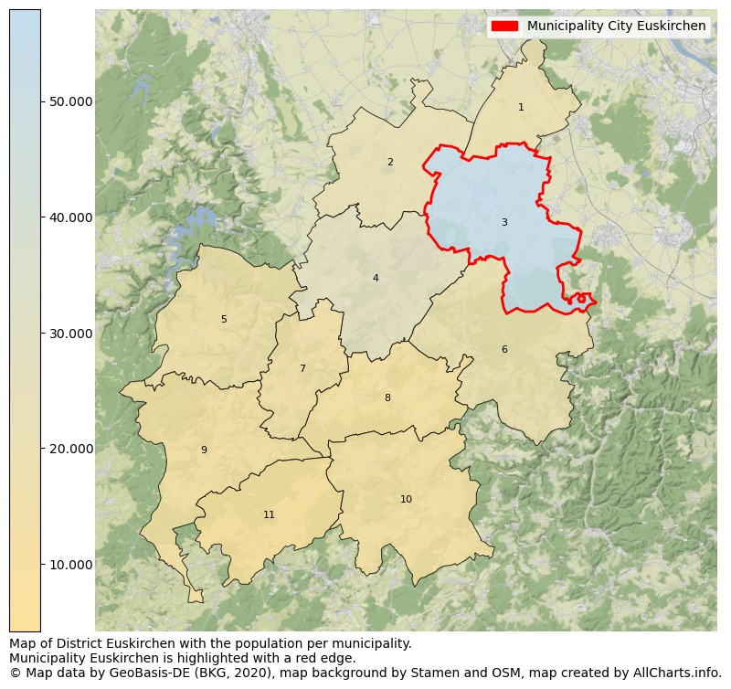 Map of District Euskirchen with the population per municipality.Municipality Euskirchen is highlighted with a red edge.. This page shows a lot of information about residents (such as the distribution by age groups, family composition, gender, native or German with an immigration background, ...), homes (numbers, types, price development, use, type of property, ...) and more (car ownership, energy consumption, ...) based on open data from the German Federal Agency for Cartography, the Federal Statistical Office (DESTATIS), the Regional Statistical Offices and various other sources!