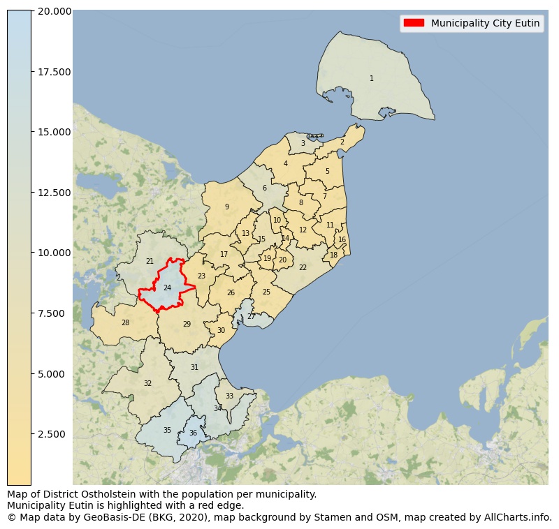 Map of District Ostholstein with the population per municipality.Municipality Eutin is highlighted with a red edge.. This page shows a lot of information about residents (such as the distribution by age groups, family composition, gender, native or German with an immigration background, ...), homes (numbers, types, price development, use, type of property, ...) and more (car ownership, energy consumption, ...) based on open data from the German Federal Agency for Cartography, the Federal Statistical Office (DESTATIS), the Regional Statistical Offices and various other sources!