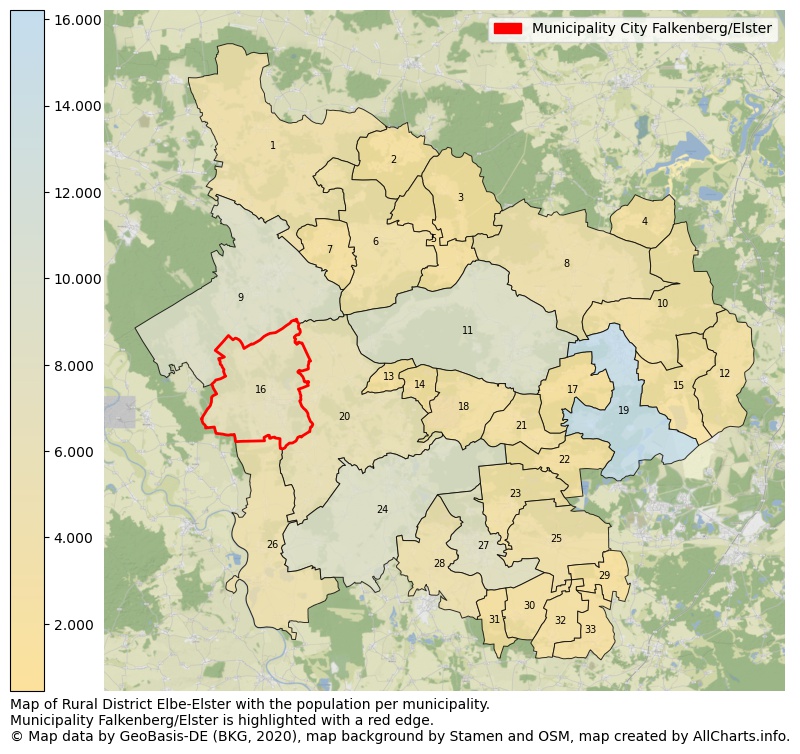 Map of Rural district Elbe-Elster with the population per municipality.Municipality Falkenberg/Elster is highlighted with a red edge.. This page shows a lot of information about residents (such as the distribution by age groups, family composition, gender, native or German with an immigration background, ...), homes (numbers, types, price development, use, type of property, ...) and more (car ownership, energy consumption, ...) based on open data from the German Federal Agency for Cartography, the Federal Statistical Office (DESTATIS), the Regional Statistical Offices and various other sources!