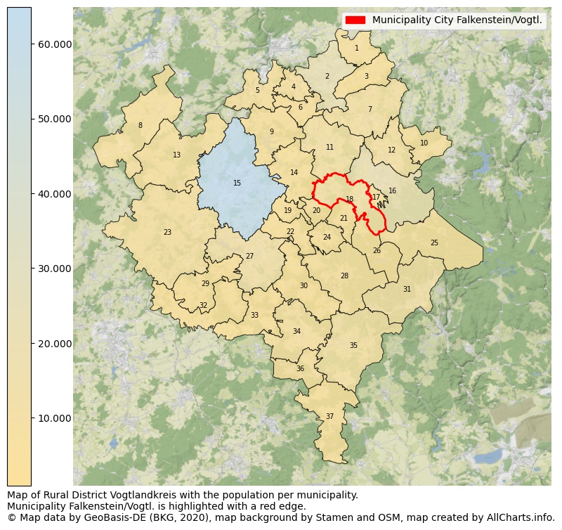 Map of Rural district Vogtlandkreis with the population per municipality.Municipality Falkenstein/Vogtl. is highlighted with a red edge.. This page shows a lot of information about residents (such as the distribution by age groups, family composition, gender, native or German with an immigration background, ...), homes (numbers, types, price development, use, type of property, ...) and more (car ownership, energy consumption, ...) based on open data from the German Federal Agency for Cartography, the Federal Statistical Office (DESTATIS), the Regional Statistical Offices and various other sources!
