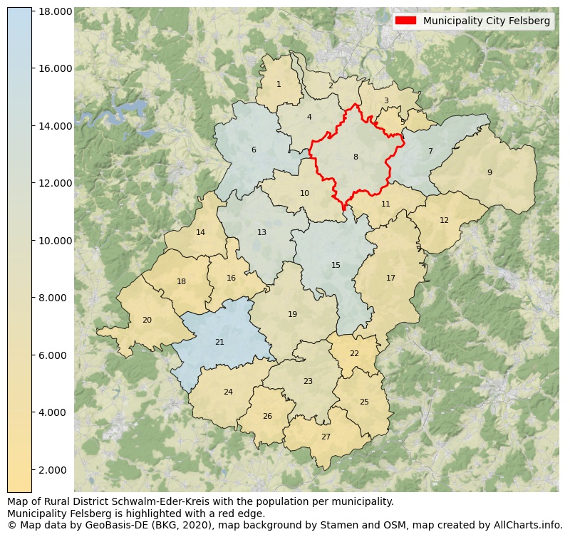 Map of Rural district Schwalm-Eder-Kreis with the population per municipality.Municipality Felsberg is highlighted with a red edge.. This page shows a lot of information about residents (such as the distribution by age groups, family composition, gender, native or German with an immigration background, ...), homes (numbers, types, price development, use, type of property, ...) and more (car ownership, energy consumption, ...) based on open data from the German Federal Agency for Cartography, the Federal Statistical Office (DESTATIS), the Regional Statistical Offices and various other sources!
