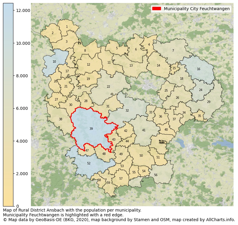 Map of Rural district Ansbach with the population per municipality.Municipality Feuchtwangen is highlighted with a red edge.. This page shows a lot of information about residents (such as the distribution by age groups, family composition, gender, native or German with an immigration background, ...), homes (numbers, types, price development, use, type of property, ...) and more (car ownership, energy consumption, ...) based on open data from the German Federal Agency for Cartography, the Federal Statistical Office (DESTATIS), the Regional Statistical Offices and various other sources!