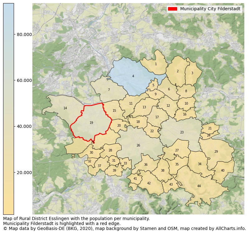 Map of Rural district Esslingen with the population per municipality.Municipality Filderstadt is highlighted with a red edge.. This page shows a lot of information about residents (such as the distribution by age groups, family composition, gender, native or German with an immigration background, ...), homes (numbers, types, price development, use, type of property, ...) and more (car ownership, energy consumption, ...) based on open data from the German Federal Agency for Cartography, the Federal Statistical Office (DESTATIS), the Regional Statistical Offices and various other sources!