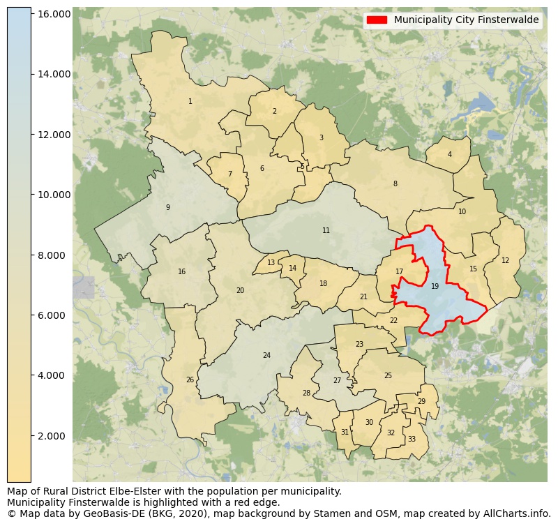 Map of Rural district Elbe-Elster with the population per municipality.Municipality Finsterwalde is highlighted with a red edge.. This page shows a lot of information about residents (such as the distribution by age groups, family composition, gender, native or German with an immigration background, ...), homes (numbers, types, price development, use, type of property, ...) and more (car ownership, energy consumption, ...) based on open data from the German Federal Agency for Cartography, the Federal Statistical Office (DESTATIS), the Regional Statistical Offices and various other sources!