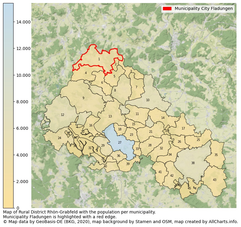 Map of Rural district Rhön-Grabfeld with the population per municipality.Municipality Fladungen is highlighted with a red edge.. This page shows a lot of information about residents (such as the distribution by age groups, family composition, gender, native or German with an immigration background, ...), homes (numbers, types, price development, use, type of property, ...) and more (car ownership, energy consumption, ...) based on open data from the German Federal Agency for Cartography, the Federal Statistical Office (DESTATIS), the Regional Statistical Offices and various other sources!