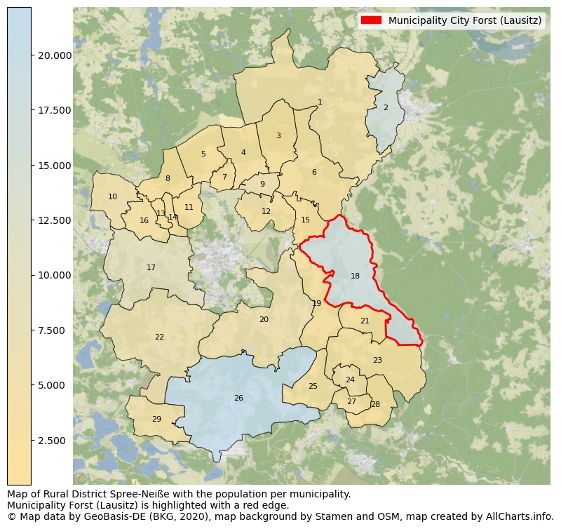 Map of Rural district Spree-Neiße with the population per municipality.Municipality Forst (Lausitz) is highlighted with a red edge.. This page shows a lot of information about residents (such as the distribution by age groups, family composition, gender, native or German with an immigration background, ...), homes (numbers, types, price development, use, type of property, ...) and more (car ownership, energy consumption, ...) based on open data from the German Federal Agency for Cartography, the Federal Statistical Office (DESTATIS), the Regional Statistical Offices and various other sources!