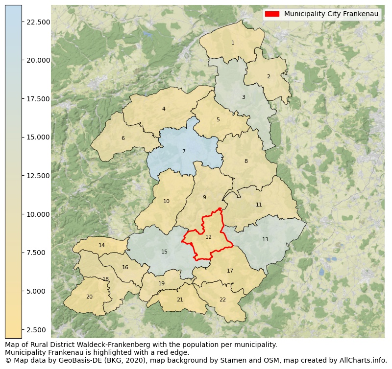 Map of Rural district Waldeck-Frankenberg with the population per municipality.Municipality Frankenau is highlighted with a red edge.. This page shows a lot of information about residents (such as the distribution by age groups, family composition, gender, native or German with an immigration background, ...), homes (numbers, types, price development, use, type of property, ...) and more (car ownership, energy consumption, ...) based on open data from the German Federal Agency for Cartography, the Federal Statistical Office (DESTATIS), the Regional Statistical Offices and various other sources!