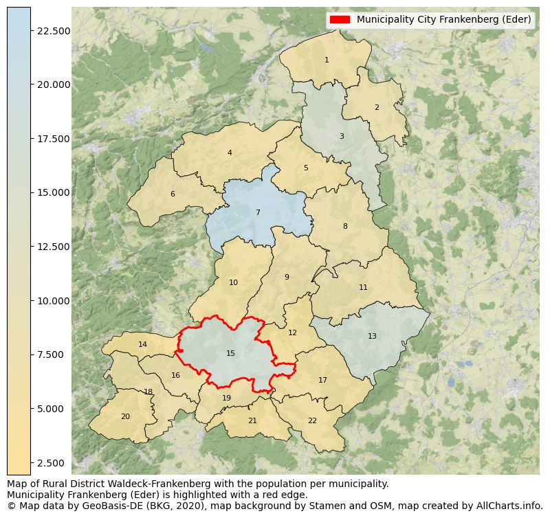 Map of Rural district Waldeck-Frankenberg with the population per municipality.Municipality Frankenberg (Eder) is highlighted with a red edge.. This page shows a lot of information about residents (such as the distribution by age groups, family composition, gender, native or German with an immigration background, ...), homes (numbers, types, price development, use, type of property, ...) and more (car ownership, energy consumption, ...) based on open data from the German Federal Agency for Cartography, the Federal Statistical Office (DESTATIS), the Regional Statistical Offices and various other sources!