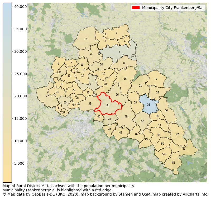 Map of Rural district Mittelsachsen with the population per municipality.Municipality Frankenberg/Sa. is highlighted with a red edge.. This page shows a lot of information about residents (such as the distribution by age groups, family composition, gender, native or German with an immigration background, ...), homes (numbers, types, price development, use, type of property, ...) and more (car ownership, energy consumption, ...) based on open data from the German Federal Agency for Cartography, the Federal Statistical Office (DESTATIS), the Regional Statistical Offices and various other sources!