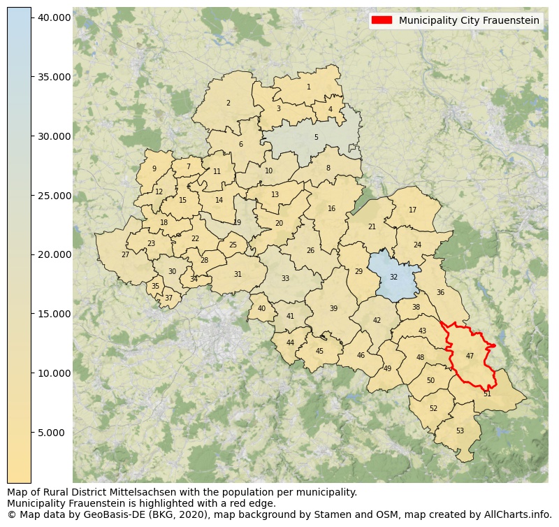 Map of Rural district Mittelsachsen with the population per municipality.Municipality Frauenstein is highlighted with a red edge.. This page shows a lot of information about residents (such as the distribution by age groups, family composition, gender, native or German with an immigration background, ...), homes (numbers, types, price development, use, type of property, ...) and more (car ownership, energy consumption, ...) based on open data from the German Federal Agency for Cartography, the Federal Statistical Office (DESTATIS), the Regional Statistical Offices and various other sources!