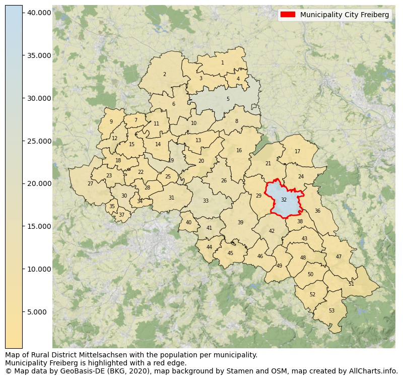 Map of Rural district Mittelsachsen with the population per municipality.Municipality Freiberg is highlighted with a red edge.. This page shows a lot of information about residents (such as the distribution by age groups, family composition, gender, native or German with an immigration background, ...), homes (numbers, types, price development, use, type of property, ...) and more (car ownership, energy consumption, ...) based on open data from the German Federal Agency for Cartography, the Federal Statistical Office (DESTATIS), the Regional Statistical Offices and various other sources!